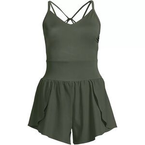 Land's End Tugless X Back Romper One Piece Swimsuit pocket  zipper rich olive 14